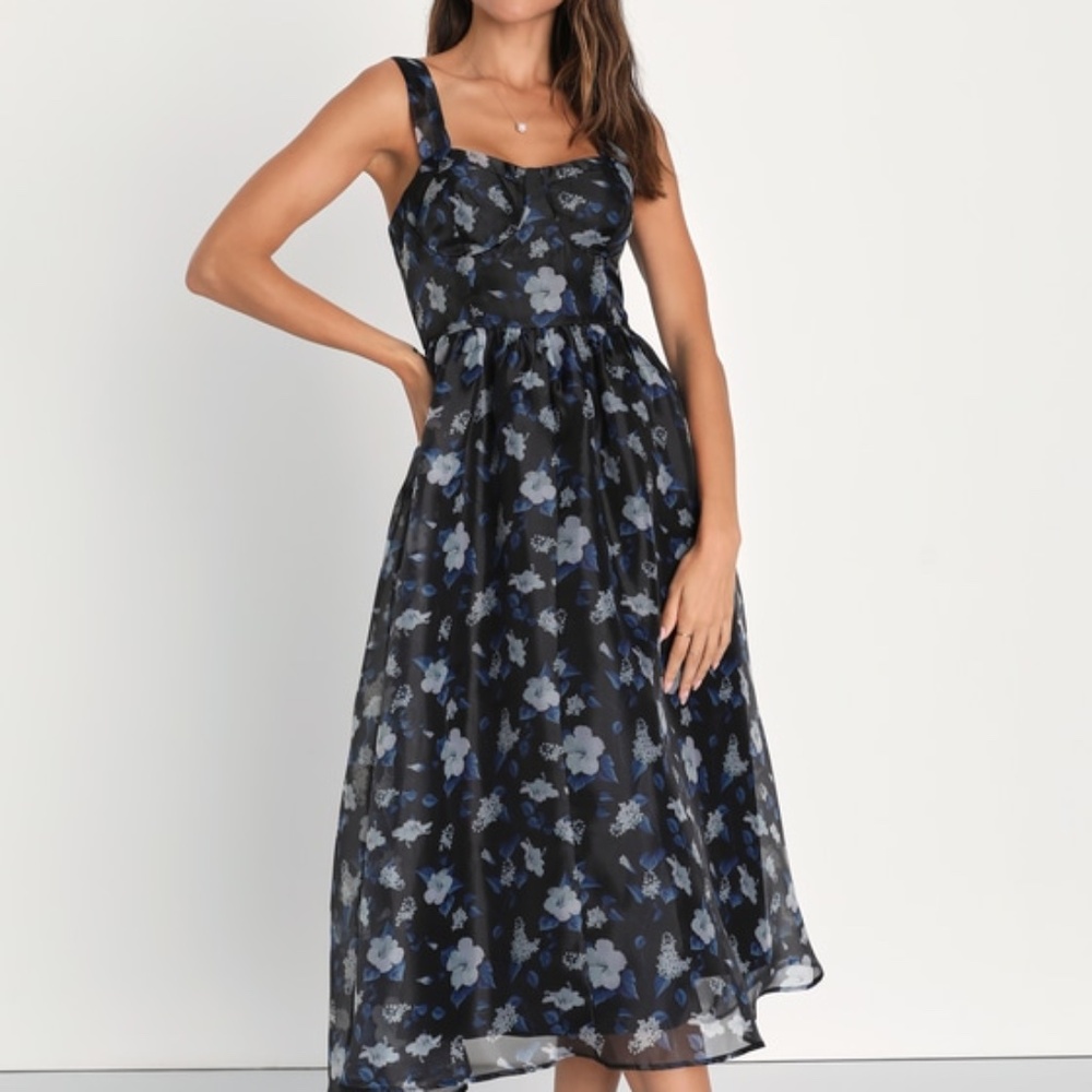 Lulus Delightful Look Black Floral Print Bustier Midi Skater Dress - Size L